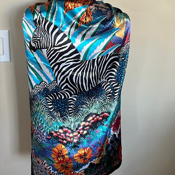 Jungle Zebra Print Scarf 21"x 21" 100% Polyester Square Print w/Farm Rio Vibes - Picture 4 of 9